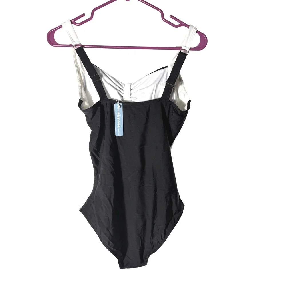 NWT Popvil Women One Piece Tummy Control Black White Ruched‎ Waist Swimsuit XL